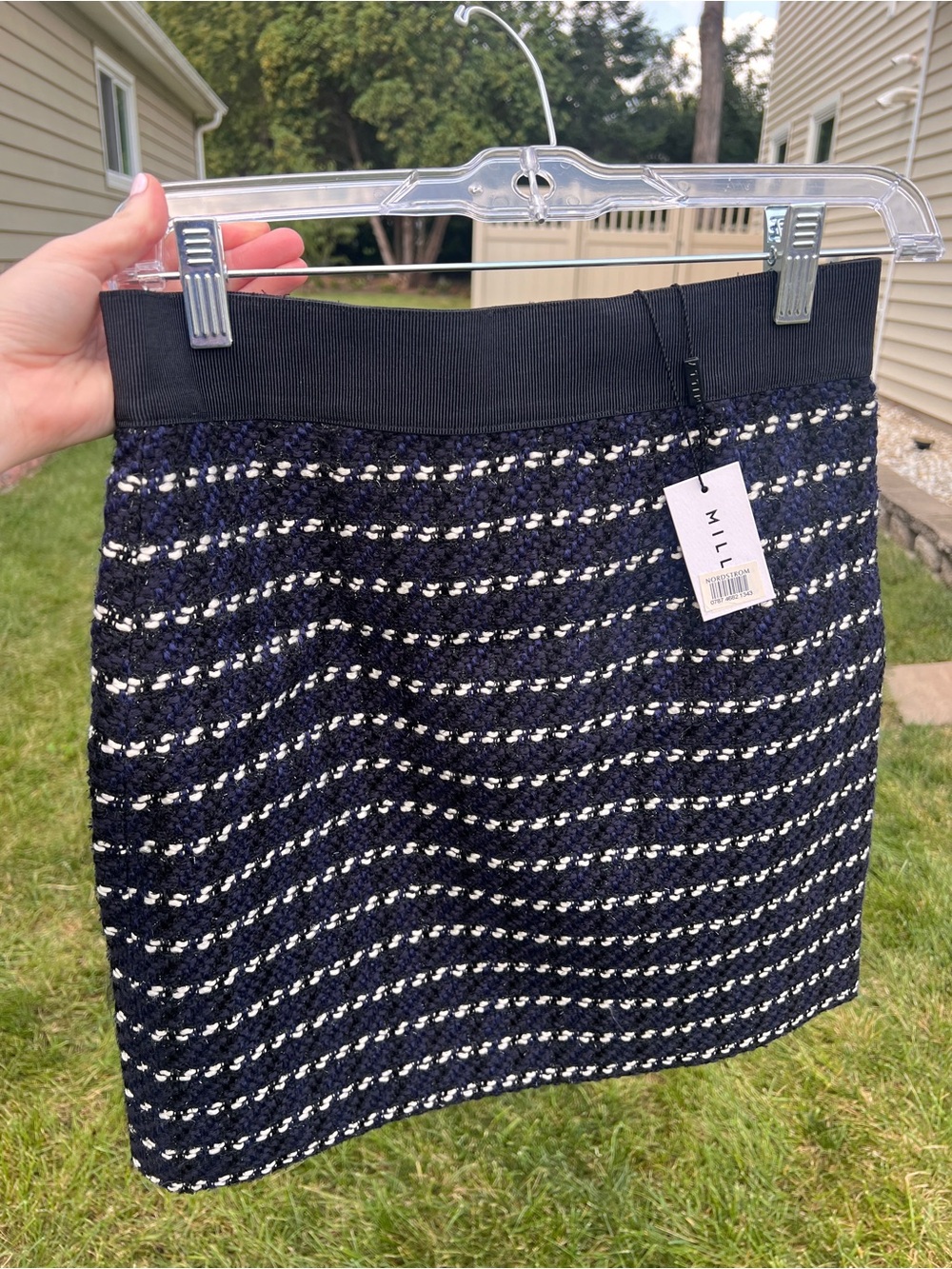 Milly Navy & White Boucle Mini Skirt with Black Waistband